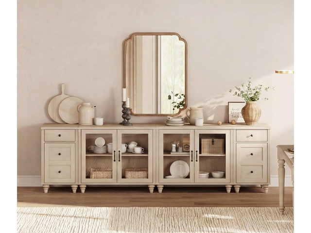 WAMPAT Sideboard Buffet Cabinets with 4-Glass Door, Kitchen Storage Cabinets with Charging Station, Wood Coffee Bar Table with Adjustable Shelf & 2...