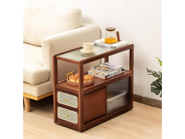 Tiita Rattan Nightstand, Bamboo End Table with Glass Top & Storage, Brown