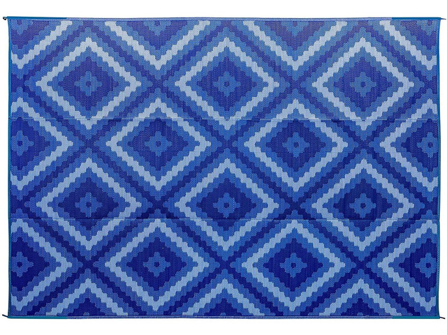 Camco Outdoor Rug Features Reversible Blue & White Zig Zag Diamond Design Made of Lightweight Breathable Material Measures 9 x 12 & Folds for...