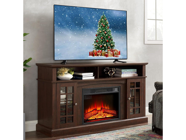 58' Farmhouse TV Stand with 23' Electric Fireplace Heater, Rustic Entertainment Center for TVs up to 65', Multi-Storage Cabinets, Stylish Home...