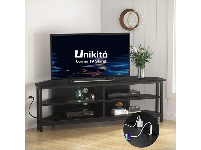 Unikito Corner TV Stand With Power Outlet, Corner Entertainment Center Corner TV Table With 4 Open Storage Corner TV Cabinet Wood TV Stand For...