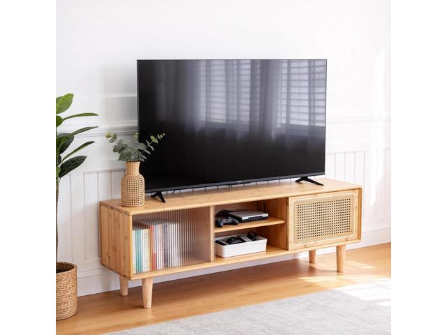 Tiita Rattan TV Stand for 55 Inch TV, Bamboo Cabinet with Storage, Wood