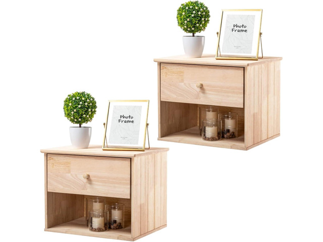 VINGLI Unfinished Natural Solid Wood Floating Nightstand for Bedroom Set of 2, Small Nightstand with Drawer & Open Shelf, Farmhouse Night Stand...
