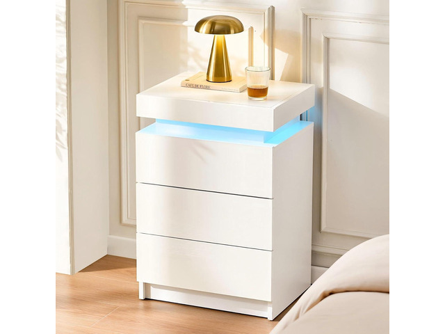 CLIPOP Modern Nightstand, LED Night Stand with 3 High Gloss Chest of Drawers, Bedside Table Cabinet with Remote Control Lights, Wood Matte...