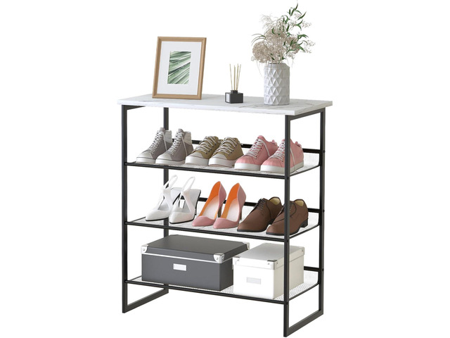 Garden 4 you Shoe Rack for Entryway 4 Tiers 11.8' D x 25' W x 28' H, Metal Shoe Rocks with White Wooden Tabletop, Angled Shoes Rack with Adjustable...
