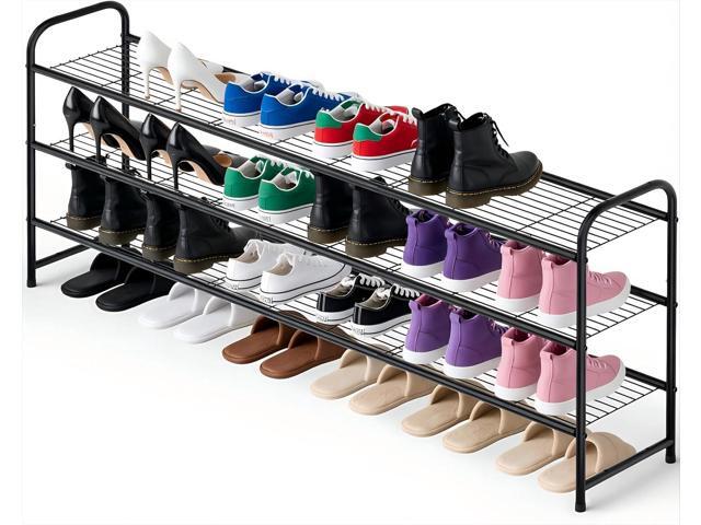 Ekisemio 3-Tier Long Metal Shoe Rack, Wide Stackable Shoe Organizer for Closet & Entryway, with Sturdy Wire Grid Storage Shelf for Bedroom, Black