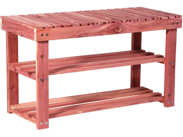 Household Essentials CedarFresh 2-Tier Cedar Shoe Rack and Seat Bench, 31.5'w x 17.5'h x 12.4'd, Red,natural