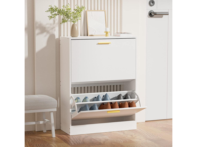 JOZZBY Modern Shoe Cabinet Storage with 2 Flip Drawers, WhiteSlim Freestanding Narrow Shoe Organizer, Shoe Rack Cabinet for Hallway, Living Room,...