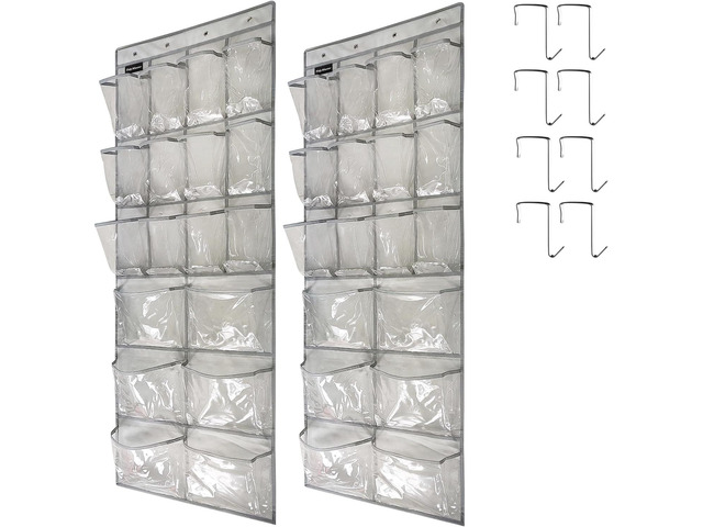 2 Pack Extra Large Hanging Crystal Clear Over Door Shoe Organizers, Closet Shoe Rack Organizer, 12+6 Pockets, 8 Hooks, Grey (59' x 21.6')