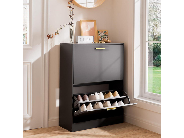 LYNSOM Modern Entryway Shoe Cabinet with 2 Flip Drawers and Top Display, BlackFree Standing Tipping Bucket Shoe Rack Organizer, Narrow Slim Hidden...