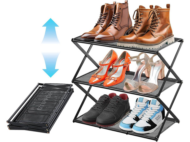 Small Shoe Rack for Entryway - 3 Tier Shoe Organizer Metal Foldable Shoes Storage Rack, Zero Tool Install, Sturdy Shoe Rack for Closet, Front Door...