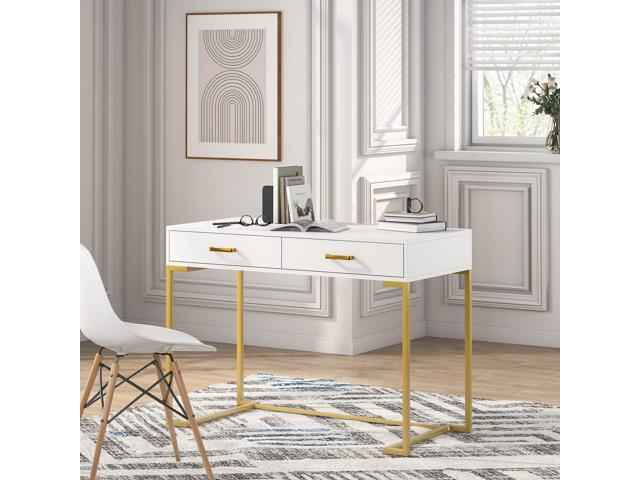 Tribesigns Computer Desk with 2 Drawers, White and Gold Desk Modern Writing Desk Study Table for Home Office, Bedroom, Small Space - Wood Top and...