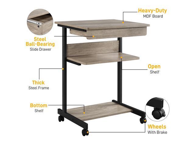 Yaheetech Rolling Computer Desk with Drawer & Keyboard Tray, Mobile Laptop Desk Cart Standing Computer Workstation for Home Office, Gray