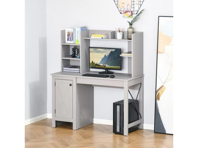 HOMCOM Farmhouse Computer Desk with Hutch and Cabinet, Home Office Desk with Storage, for Study, Light Grey
