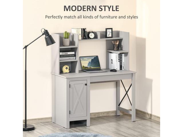 HOMCOM Farmhouse Computer Desk with Hutch and Cabinet, Home Office Desk with Storage, for Study, Light Grey