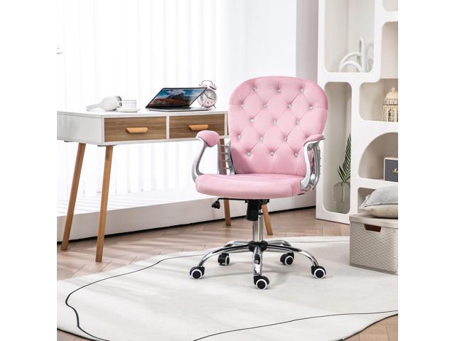 Vinsetto Velvet Home Office Chair, Button Tufted Desk Chair with Padded Armrests, Adjustable Height and Swivel Wheels, Pink