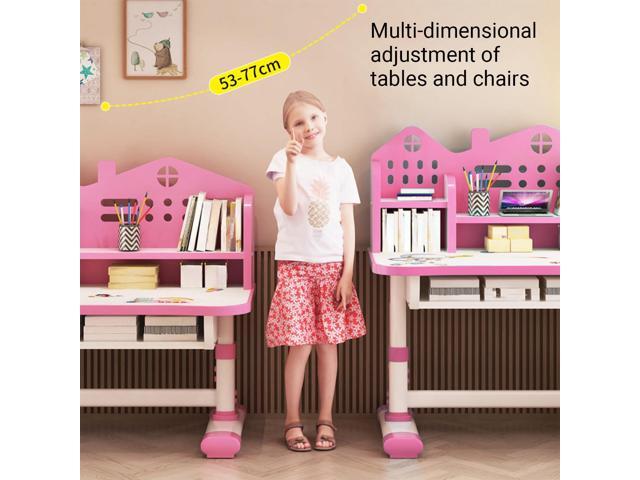 Kids Adjustable Study Desk & Chair Set w/ Storage,Drawers,Bookshelf,Child Toddler Writing Homework Table,Little Girl Work Computer Desk,Princess...