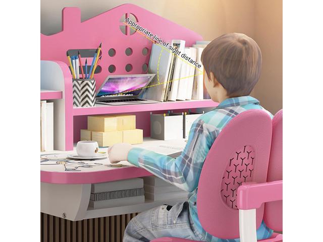 Kids Adjustable Study Desk & Chair Set w/ Storage,Drawers,Bookshelf,Child Toddler Writing Homework Table,Little Girl Work Computer Desk,Princess...