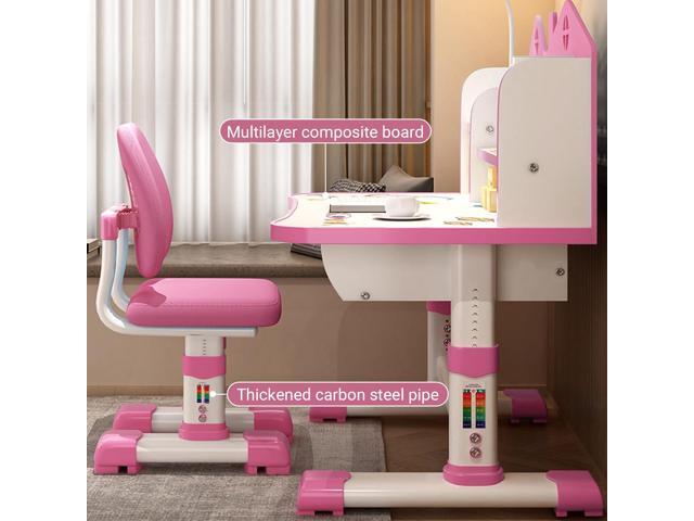 Kids Adjustable Study Desk & Chair Set w/ Storage,Drawers,Bookshelf,Child Toddler Writing Homework Table,Little Girl Work Computer Desk,Princess...