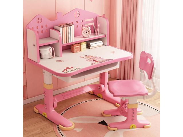 Kids Adjustable Study Desk & Chair Set w/Storage,Drawers,Bookshelf,Child Toddler Writing Homework Table,Little Girl Work Computer Desk,Princess...