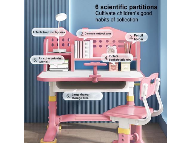 Kids Adjustable Study Desk & Chair Set w/Storage,Drawers,Bookshelf,Child Toddler Writing Homework Table,Little Girl Work Computer Desk,Princess...