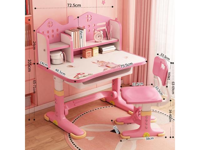 Kids Adjustable Study Desk & Chair Set w/Storage,Drawers,Bookshelf,Child Toddler Writing Homework Table,Little Girl Work Computer Desk,Princess...