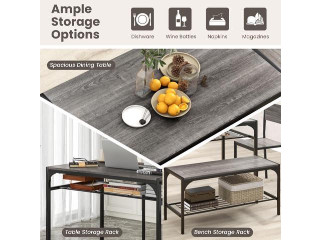 Giantex Dining Table Set for 4, Kitchen Table with Chairs & Bench, Storage Racks, Metal Frame, 4-Piece Space-Saving Dinette Set for Dining Room,...