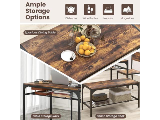 Giantex Dining Table Set for 4, Kitchen Table with Chairs & Bench, Storage Racks, Metal Frame, 4-Piece Space-Saving Dinette Set for Dining Room,...