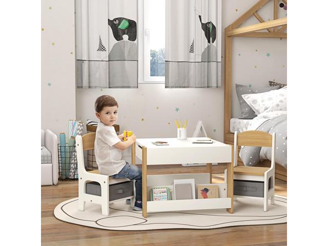 Qaba 3 Piece Kids Table and Chair Set, 4 in 1 Toddler Wooden Activity Table with Reversible Tabletop Blackboard, Storage & Bookshelves for...