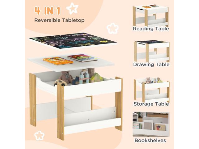 Qaba 3 Piece Kids Table and Chair Set, 4 in 1 Toddler Wooden Activity Table with Reversible Tabletop Blackboard, Storage & Bookshelves for...