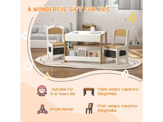 Qaba 3 Piece Kids Table and Chair Set, 4 in 1 Toddler Wooden Activity Table with Reversible Tabletop Blackboard, Storage & Bookshelves for...