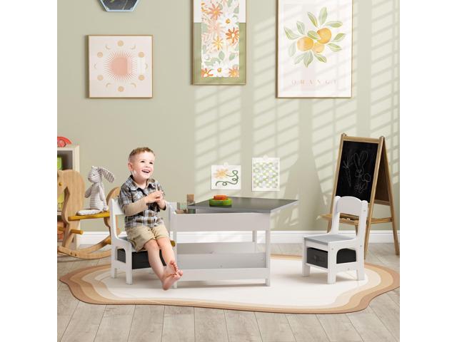 Qaba 3 Piece Kids Table and Chair Set, 4 in 1 Toddler Wooden Activity Table with Reversible Tabletop Blackboard, Storage & Bookshelves for...