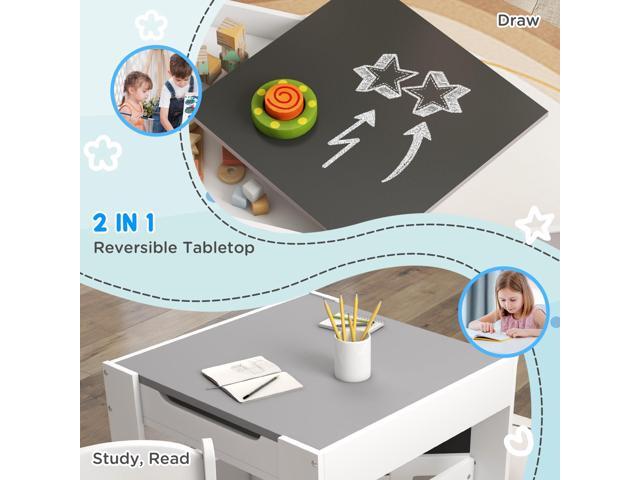 Qaba 3 Piece Kids Table and Chair Set, 4 in 1 Toddler Wooden Activity Table with Reversible Tabletop Blackboard, Storage & Bookshelves for...