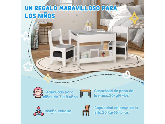 Qaba 3 Piece Kids Table and Chair Set, 4 in 1 Toddler Wooden Activity Table with Reversible Tabletop Blackboard, Storage & Bookshelves for...