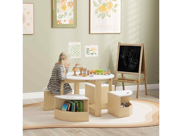 Qaba Toddler Table and Chairs Set, 5 Pieces Round Kids Activity Table with Storage for Play, Art, Craft, Drawing, Playroom, Classroom, Nursery, White