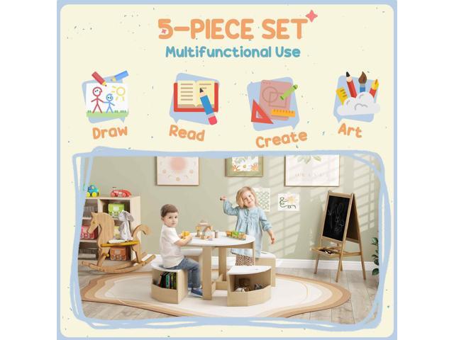 Qaba Toddler Table and Chairs Set, 5 Pieces Round Kids Activity Table with Storage for Play, Art, Craft, Drawing, Playroom, Classroom, Nursery, White