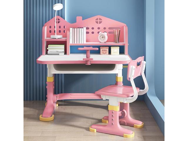 Small Desk, Desk Chair Set, Widened Desktop Multi Separation Cartoon Pattern Kids Adjustable Height Study Table with Drawer Chair