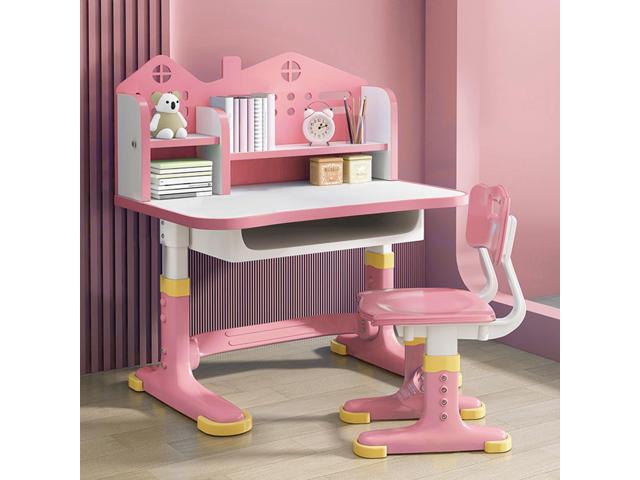 Small Desk, Desk Chair Set, Widened Desktop Multi Separation Cartoon Pattern Kids Adjustable Height Study Table with Drawer Chair