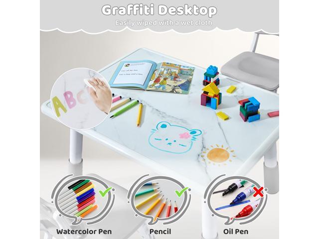 Toddler Table and 2 Chairs Set, Height Adjustable Kids Table and Chair Set, 31.5''L x 23.6''W, Marble Pattern & Graffiti Desktop, Children...