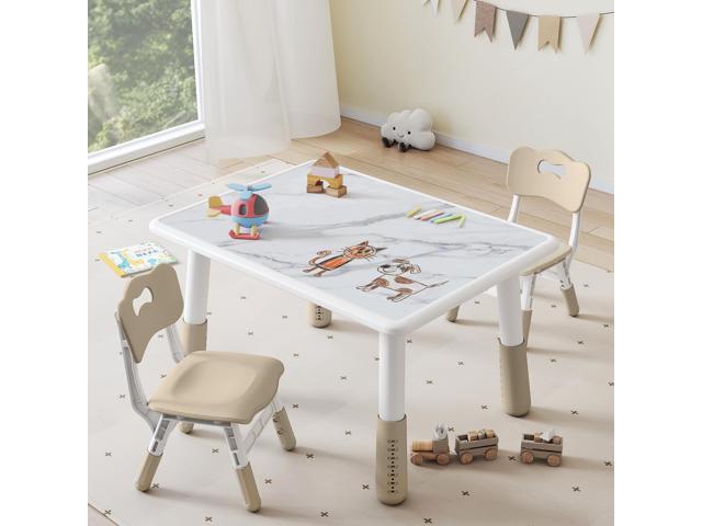 Toddler Table and 2 Chairs Set, Height Adjustable Kids Table and Chair Set, 31.5''L x 23.6''W, Marble Pattern & Graffiti Desktop, Children...