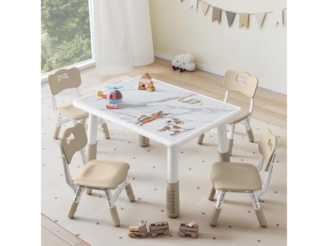 Toddler Table and 4 Chairs Set, Height Adjustable Kids Table and Chair Set, 31.5''L x 23.6''W, Marble Pattern & Graffiti Desktop, Children...