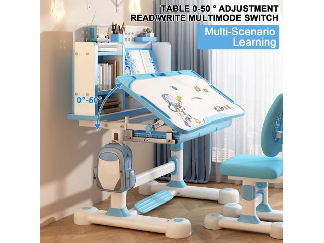2025 Upgraded Kids Desk and Chair Set, 50 Degree Tiltable & Height Adjustable Kids Desk with Storage Drawers and Bookshelf, Ergonomic Study Table for...