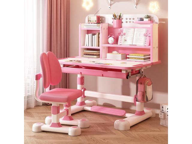 2025 Upgraded Kids Desk and Chair Set, 50 Degree Tiltable & Height Adjustable Kids Desk with Storage Drawers and Bookshelf, Ergonomic Study Table for...