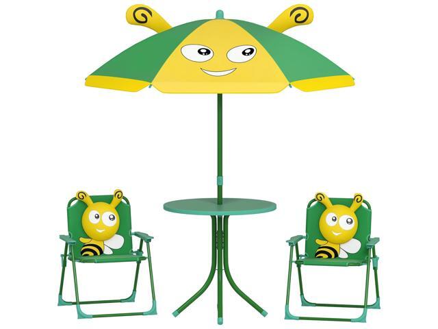 Qaba Kids Picnic Table and Chair Set, Outdoor Activity Table with Foldable Chairs, Removable Umbrella, Bee Pattern Toddler Patio Furniture for...
