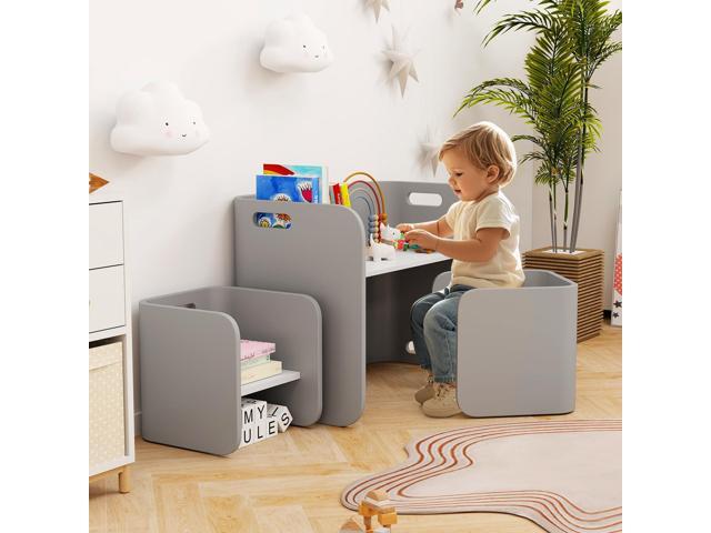 Costzon Kids Table and Chair Set, All in 1 Birch Wood Activity Table, Bench, Storage Shelves, Desk for Children Reading, Arts, Crafts, Snack Time,...