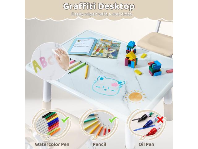 Toddler Table and 4 Chairs Set, Height Adjustable Kids Table and Chairs, 47.2''L x 23.6''W, Marble Pattern & Graffiti Desktop, Children...