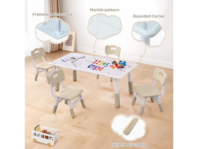 Toddler Table and 4 Chairs Set, Height Adjustable Kids Table and Chairs, 47.2''L x 23.6''W, Marble Pattern & Graffiti Desktop, Children...