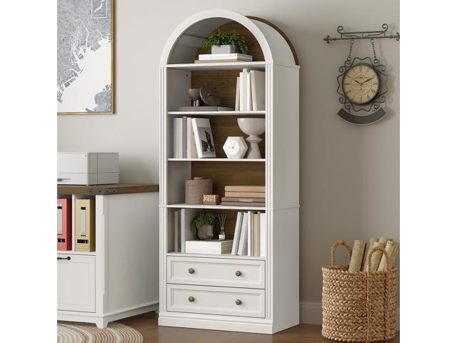 Farmhouse Arched Bookshelf, 7 Tiers Arch Bookcase with 2 Spacious Drawers, Modern Book Shelf with Open Display Shelves and Storage Cabinet, for...
