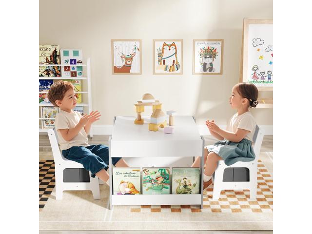 LDAILY Kids Table and Chairs, 4 in 1 Wooden Activity Table with Bookshelves, Storage Drawer, Reversible Tabletop & Chalkboard, Toddler Table and...