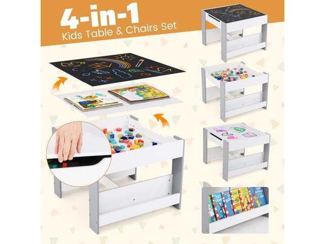 LDAILY Kids Table and Chairs, 4 in 1 Wooden Activity Table with Bookshelves, Storage Drawer, Reversible Tabletop & Chalkboard, Toddler Table and...